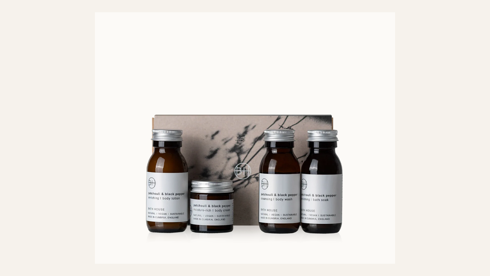 Bath House Patchouli and Black Pepper Experience Set with travel-size bodycare bottles