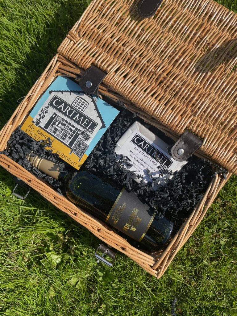 Cartmel Gift Basket 2 with sticky toffee pudding, fudge, and dessert wine