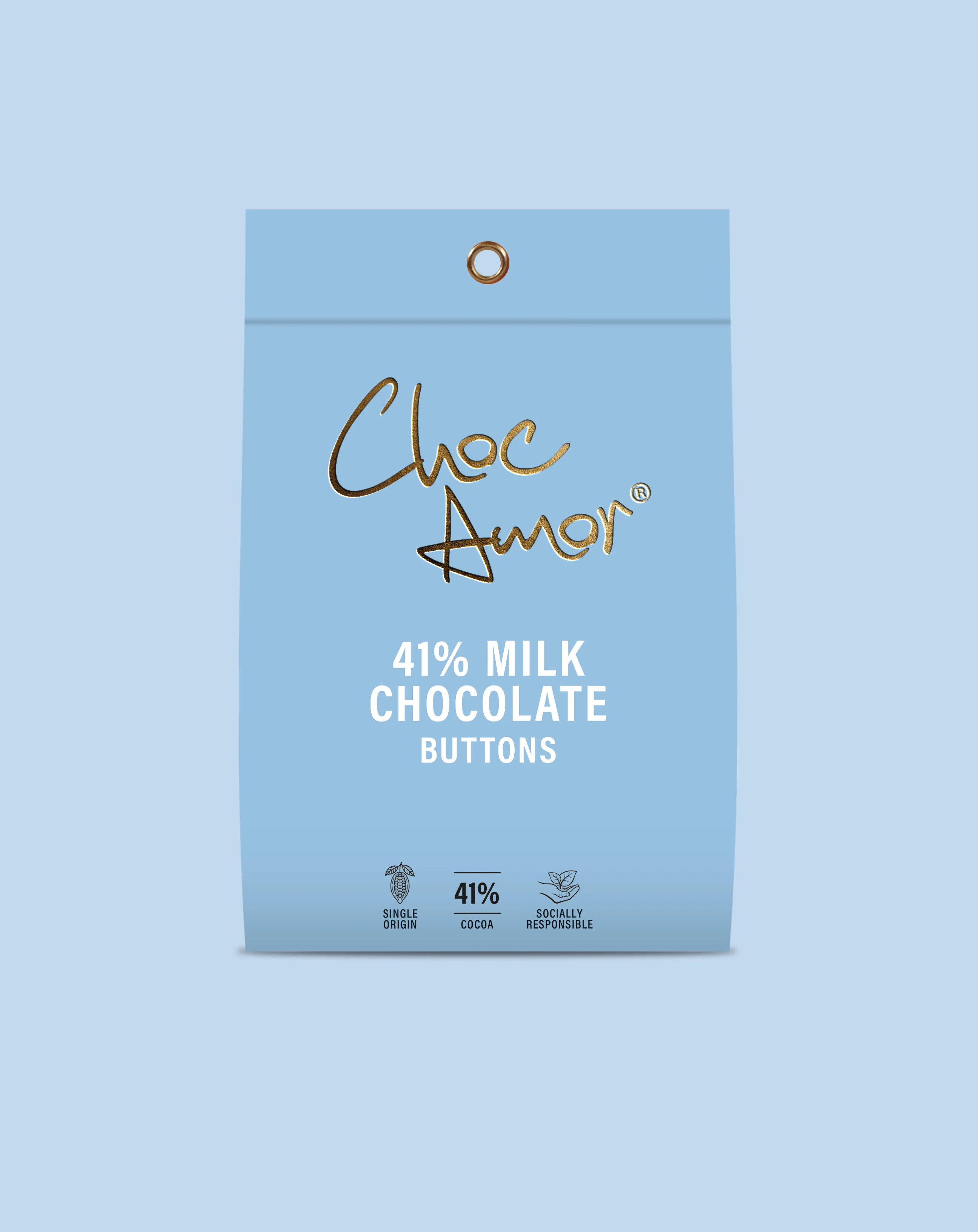 Choc Amor 41% Milk Chocolate Buttons pouch for a shared chocolate gift
