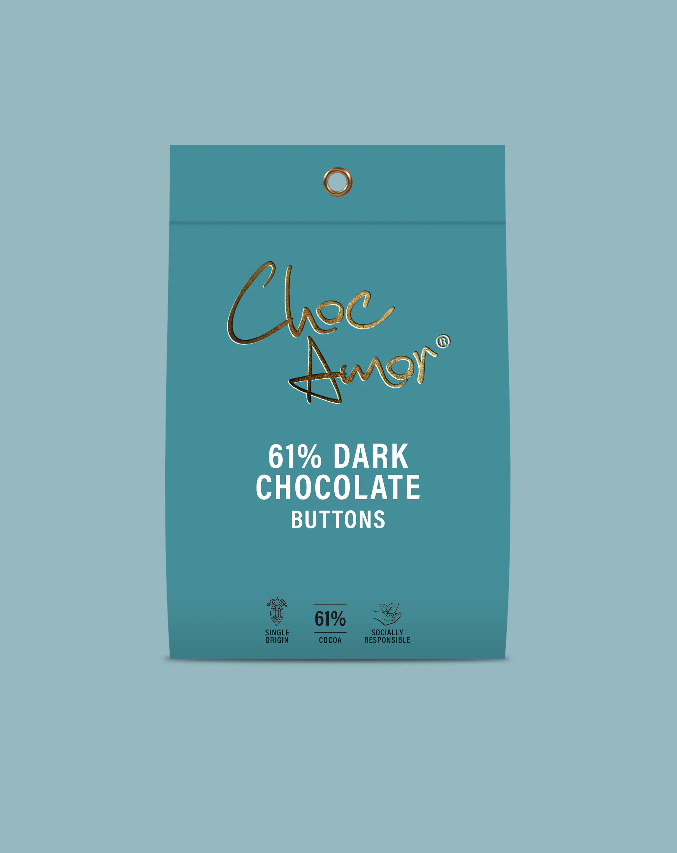Choc Amor 61% Dark Chocolate Buttons pouch for a balanced dark chocolate gift
